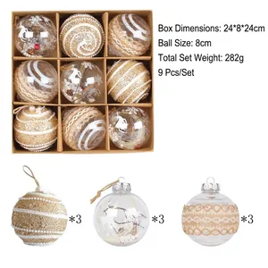 Set di nove palline di Natale trasparenti da 8 cm con glitter, motivi di cervo e pizzo