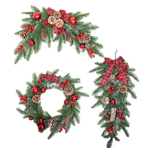 Set de corona y guirnaldas de Navidad de PE con bayas y lazos de cuadros