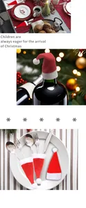 Collage of mini red velvet Christmas hats used as cutlery holders and wine bottle toppers