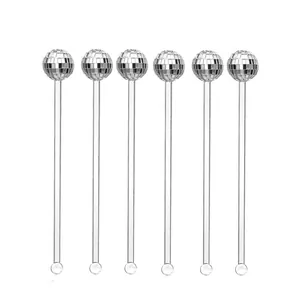 Set of 6 silver disco ball cocktail stirrers with clear acrylic stems for party decoration