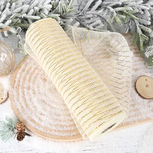 Ruban en maille PP crème décoratif avec fils dorés pour les bricolages de Noël