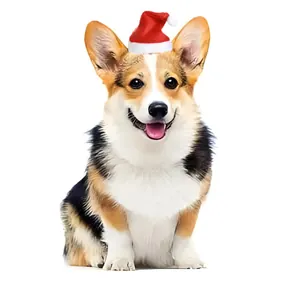 Festive red plush Christmas hat for pets, shown on a Corgi dog on white background.