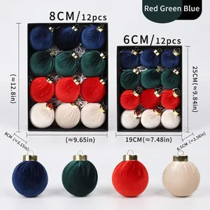 Set of 12 velvet Christmas ball ornaments in red blue green and white available in 6cm or 8cm