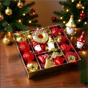 Close-up of 60pcs Christmas ornament set featuring festive red and gold balls and donuts