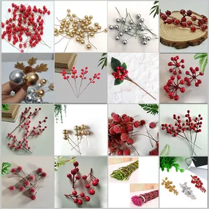 Collage of assorted artificial red holly berries and stems for Christmas floral decor