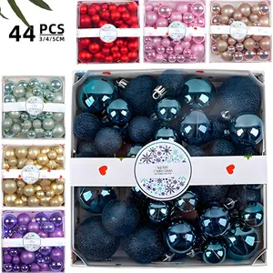 Detailed view of 44pcs multi-color Christmas ball ornaments in various sizes and textures.