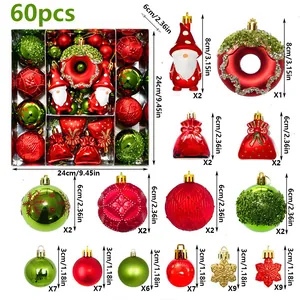 Comprehensive 60pcs red and green Christmas ornament set with detailed dimensions