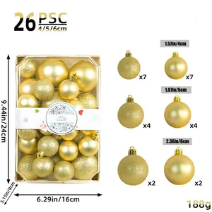 Detailed breakdown of 26-piece Christmas ball ornament set featuring three different sizes.