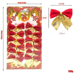 Detailed size specifications for 12pcs red and gold Christmas bow ornaments set