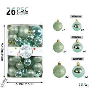 Detailed specification of 26pcs mint green Christmas balls in 4cm, 5cm, and 6cm sizes.