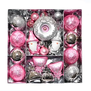 Detail view of 60pcs pink and silver Christmas ornament set in a gift box
