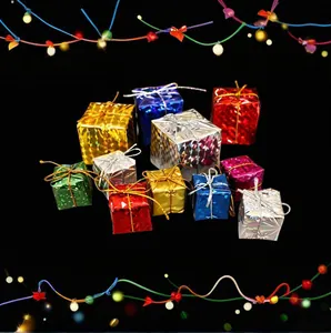 Detail view of colorful miniature laser paper Christmas gift box ornaments for tree decoration