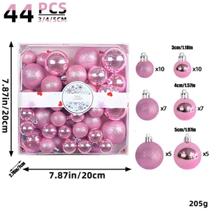 44-piece pink Christmas ball ornament set showing packaging dimensions and sizes