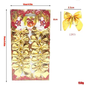 Detailed dimensions of 12-piece gold Christmas bow ornament set for tree