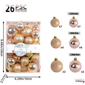 Set of 26 pink Christmas ornaments with glitter and shiny finishes in various sizes