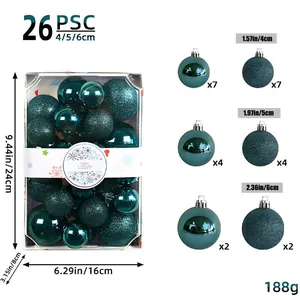 Detailed specifications of 26-piece Christmas ball set in various sizes and green finish