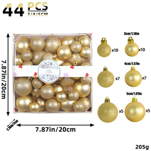 Detailed size and quantity breakdown for 44-piece gold Christmas tree ball ornaments set