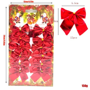 12-pack red glitter Christmas bows with size dimensions for holiday tree decor