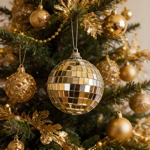 Detailopname van een gouden discobal ornament aan een feestelijk versierde kerstboom.