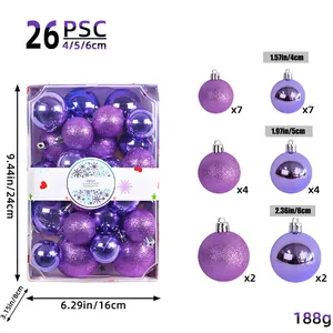 26-piece purple Christmas ball set with 4cm, 5cm, and 6cm sizes in a clear box.