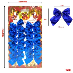 Detailed size guide and weight of twelve shiny blue Christmas bow hanging ornaments set