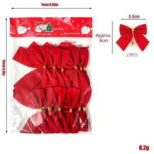 Set of 12 small red flocked Christmas bows with gold ties for tree decorations