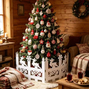 White Christmas tree fence with reindeer and Joy cutout in cozy cabin setting