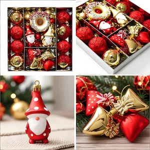 Macro detail of a 60pcs red and gold Christmas ornament set including gnomes and donuts
