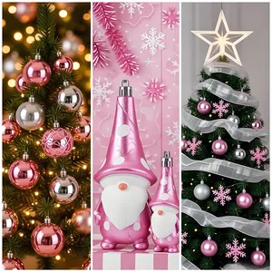 Close-up of pink and silver Christmas baubles and cute gnome ornaments on a tree