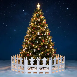 White PVC Christmas tree fence featuring angel cutouts and PEACE lettering for festive scenes