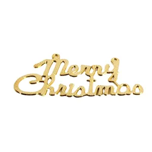 Golden plastic Merry Christmas hanging sign for festive tree decoration and gift boxes