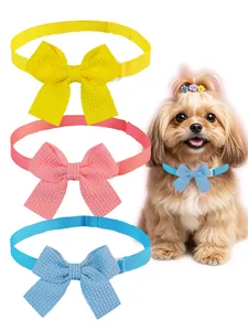Close-up showing colorful waffle texture pet bow ties with adjustable collars for dogs and cats.