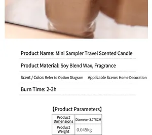 Specifications for mini travel scented candle with soy wax material and size details.