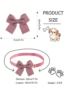 Detailed size guide for pink waffle fabric pet bow tie with adjustable neck strap collar