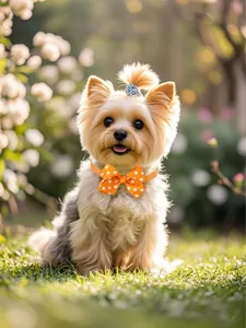 Detailansicht eines orangefarbenen gepunkteten Fliege-Halsbandes an einem Yorkshire Terrier