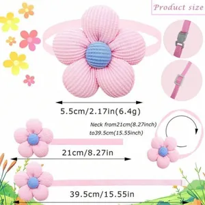 Cute adjustable pink flower pet collar for cats and small dogs showing product sizes