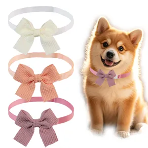 Adjustable waffle fabric pet bow tie collar set for cats and dogs in various soft colors