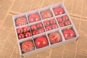 Detailed view of red Christmas ball ornament gift set in a white 12-grid display box.