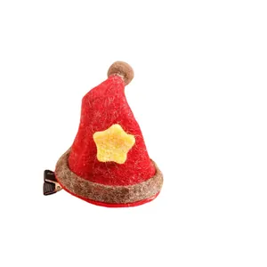Cute mini Christmas red felt hat hair clip with yellow star decoration for festive parties