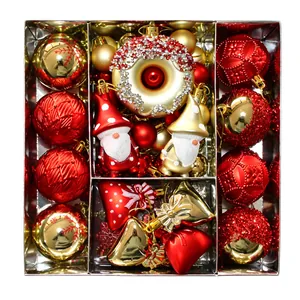 60pcs Christmas ornament set featuring red gold balls and glittery donut in a box.