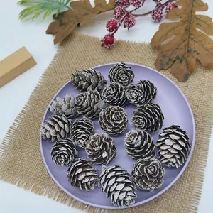 Set of frosted artificial pine cones on a purple display plate for Christmas decor