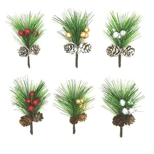 Mini artificial Christmas pine needle picks with red gold silver berries and pine cones