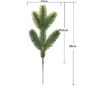 Detailed technical dimension view of an artificial green pine branch for Christmas decor.