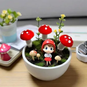 Detailed view of miniature fairy garden with red foam mushrooms and small figure in pot