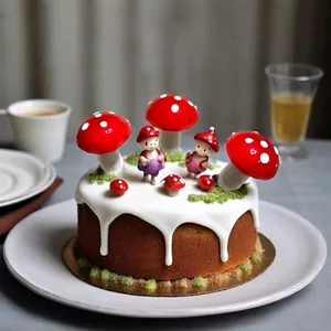 Detail of miniature red foam mushrooms and elf figurines on a cake decoration