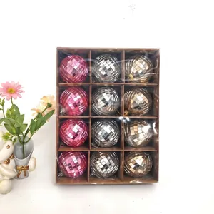 Set of 12 mirror disco ball ornaments in pink silver and gold for festive party decor