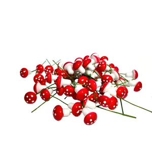 Miniature red foam mushrooms with white spots for DIY micro-landscape and Christmas decor.