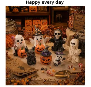 Close-up of Halloween resin figurines set including ghost, pumpkin, and skeleton