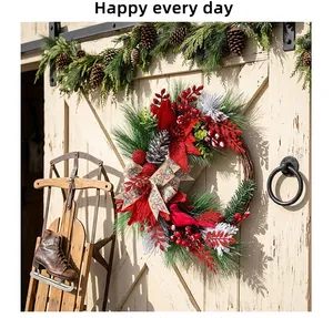 Close-up of a festive rustic Christmas wreath with red cardinal bird and pine branches