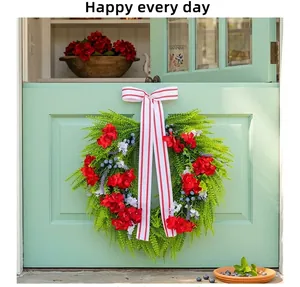 Vibrant American style red hydrangea and blueberry front door wreath with a striped ribbon